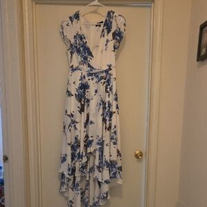 Lulu's White Floral Blue High-Low Wrap Dress